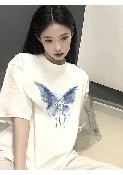 Tarzsokak Mavi Kelebek Baskılı Oversize Unisex