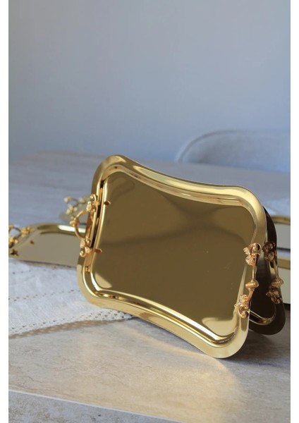 6 Kişilik Italyan Model Tasarım Gold Kulp Gold Kahve Sunum Tepsisi