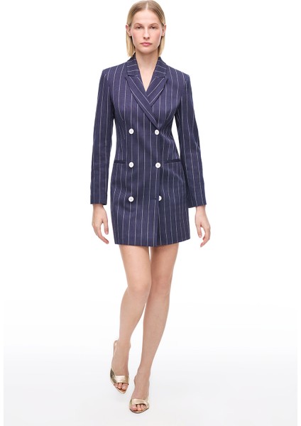 Lacivert Tiran Regular Fit Çizgili Diz Altı Elbise fiyatları