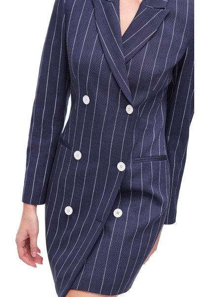 Lacivert Tiran Regular Fit Çizgili Diz Altı Elbise fırsatları