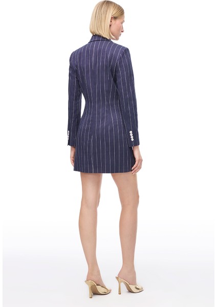 Lacivert Tiran Regular Fit Çizgili Diz Altı Elbise indirimleri