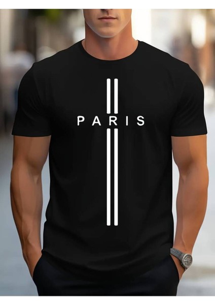 Erkek Oversize Siyah - Beyaz Bisiklet Yaka Paris Yazı Baskılı