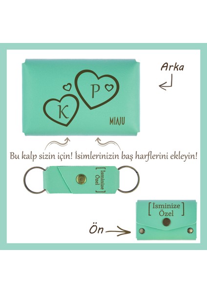 Açık Yeşil, Isim ve Kalp Işlemeli Kişiye Özel Cüzdan ve Anahtarlık Seti, Sevgiliye Romantik Hediye