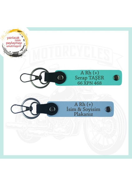 Gök Mavi-Turkuaz, Motosiklet Severlere, Isim Plaka ve A + Kan Grubu Yazılı Özel Tasarım Anahtarlık