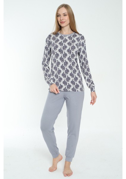 Desenli Pamuklu Viskon Likralı Uzun Kollu Pijama Takımı