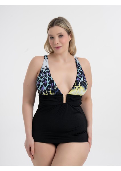 Kadın Siyah Mor Desen Büyük Beden Anastasia Toparlayıcı Toka Detaylı Tankini modelleri