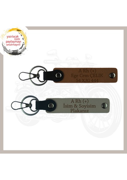 Kül Gri-Açık Kahve, Motor Severlere, Isim Plaka ve Kan Grubu Yazılı Özel Tasarım Anahtarlık Set