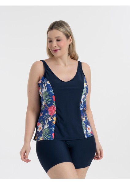Kadın Büyük Beden Siyah Lacivert Çiçek Desen V Yaka Şortlu Pamela Tankini