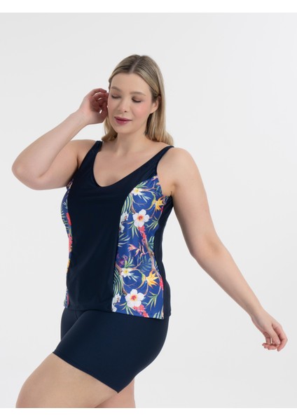 Kadın Büyük Beden Siyah Lacivert Çiçek Desen V Yaka Şortlu Pamela Tankini fiyatları