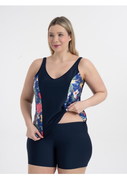 Kadın Büyük Beden Siyah Lacivert Çiçek Desen V Yaka Şortlu Pamela Tankini modelleri