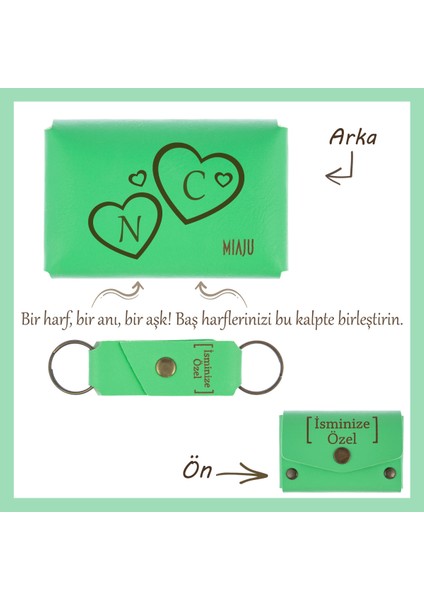 Açık Yeşil, Isim ve Kalp Işlemeli Kişiye Özel Cüzdan ve Anahtarlık Seti, Sevgiliye Romantik Hediye