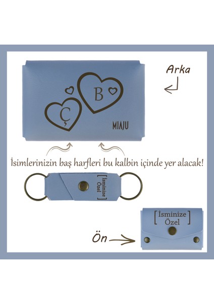 Açık Yeşil, Isim ve Kalp Işlemeli Kişiye Özel Cüzdan ve Anahtarlık Seti, Sevgiliye Romantik Hediye