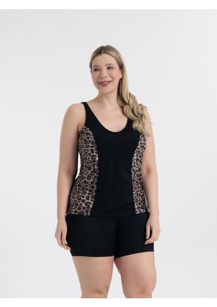 Aquaviva Kadın Büyük Beden Siyah Leopar Desen Pamela V Yaka Şortlu Tankini