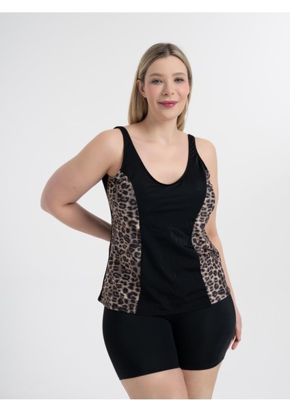 Aquaviva Kadın Büyük Beden Siyah Leopar Desen Pamela V Yaka Şortlu Tankini modelleri