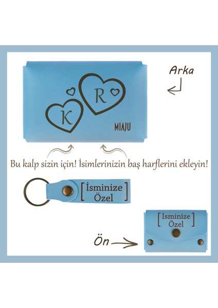 Koyu Turkuaz, Sevgilinize Romantik ve Kişisel Bir Hediye! Isme ve Harfe Özel Cüzdan & Anahtarlık Set