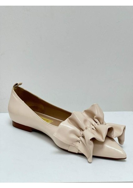 420 Açık Bej Günlük Rahat Fiyonk Detaylı Sivri Burun Kadın Babet Ayakkabı modelleri