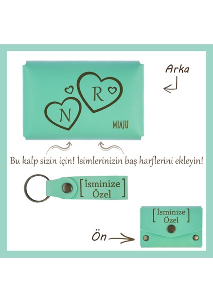 Koyu Turkuaz, Sevgilinize Romantik ve Kişisel Bir Hediye! Isme ve Harfe Özel Cüzdan & Anahtarlık Set