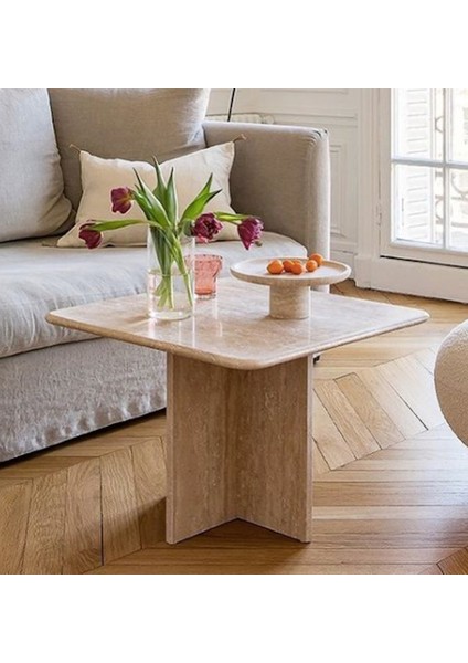 Retytraverten Kare Tabla ve Ayak Yan Sehpa