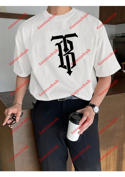 Minimal Lisanslı Logo 5 Baskılı Oversize Yıkamalı Tshirt Beyaz