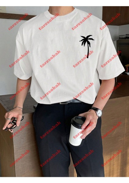 Minimal Palmiye 111 Baskılı Oversize Yıkamalı Tshirt Beyaz