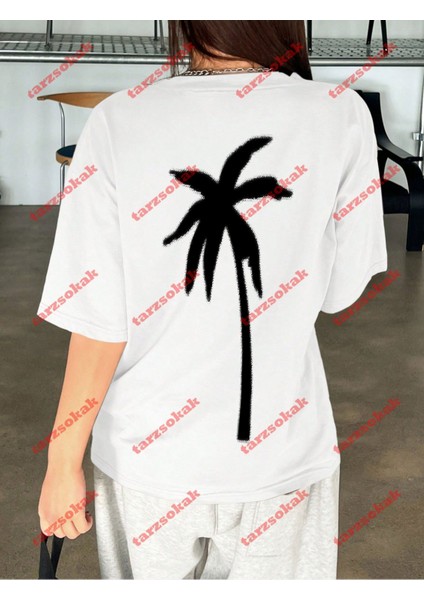 Minimal Palmiye 111 Baskılı Oversize Yıkamalı Tshirt Beyaz modelleri