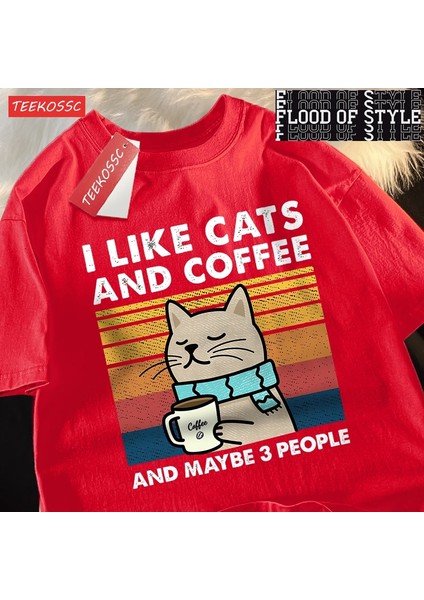 Tarzsokak Kediler ve Kahve Severim Erkek Kadın T-Shirt Pamuklu Tişört Elbise Hip Hop Bol Tişört Moda Bi