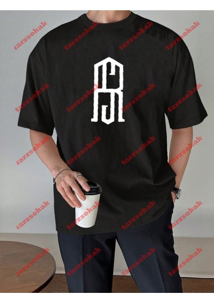 Minimal Lisanslı Logo 2 Baskılı Oversize Yıkamalı Tshirt Siyah