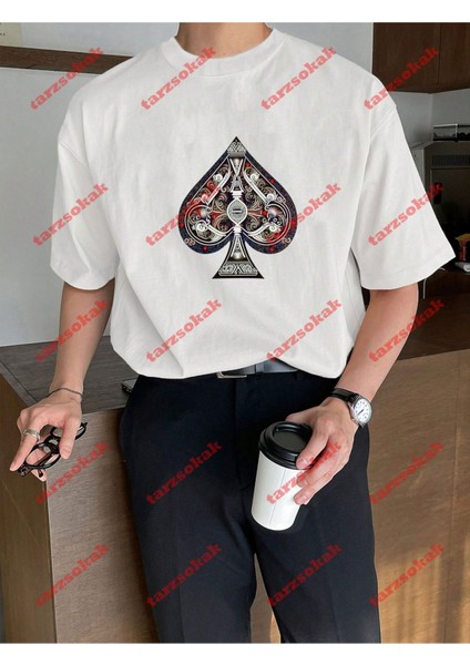 Maça As Baskılı Baskılı Oversize Yıkamalı Tshirt Beyaz