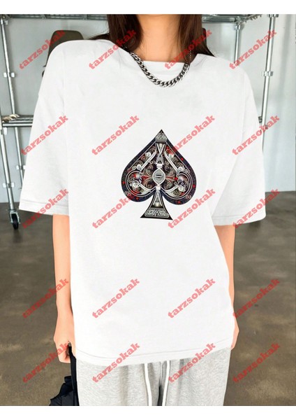 Maça As Baskılı Baskılı Oversize Yıkamalı Tshirt Beyaz