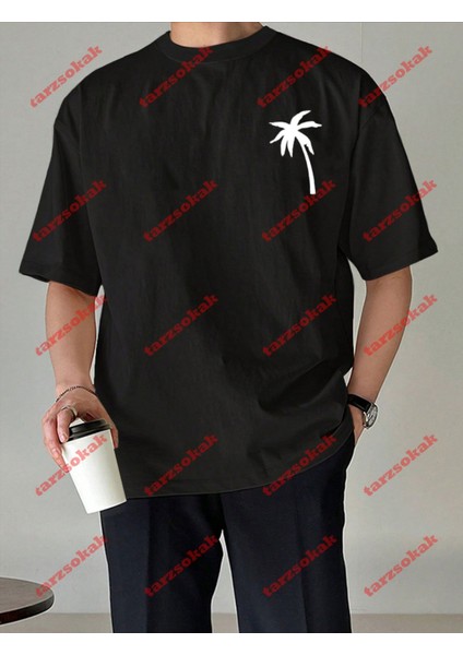 Minimal Palmiye 111 Baskılı Oversize Yıkamalı Tshirt Siyah modelleri