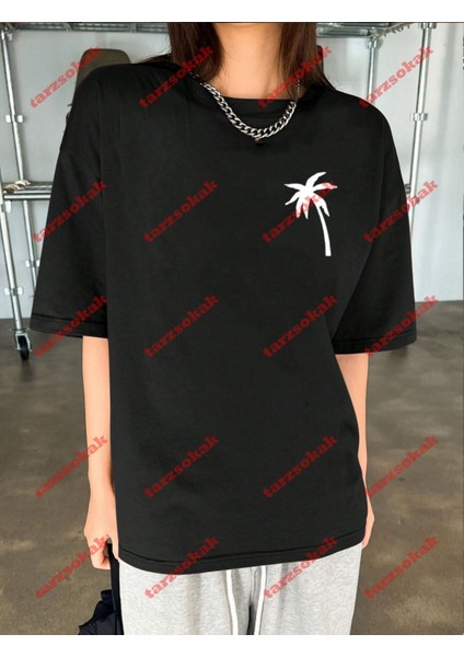 Minimal Palmiye 111 Baskılı Oversize Yıkamalı Tshirt Siyah indirimleri