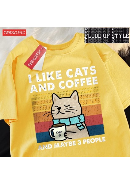 Tarzsokak Kediler ve Kahve Severim Erkek Kadın T-Shirt Pamuklu Tişört Elbise Hip Hop Bol Tişört Moda Bi