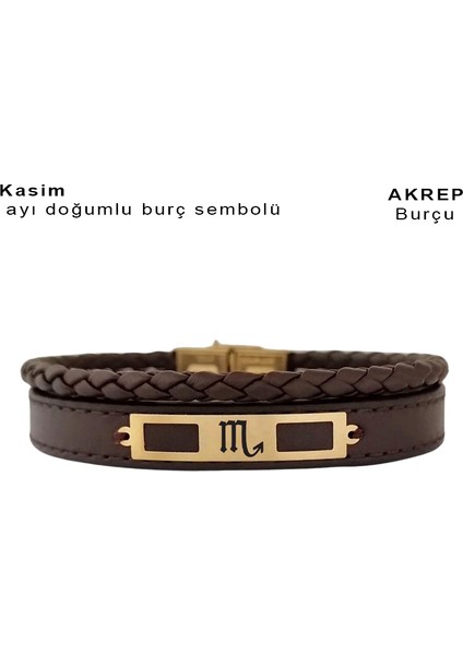 Erkeklere 14 Ayar Altın Plakalı Dikdörtgen Motifli Derili Doğum Ay Bilekliği-379AY-KAHVERENGI