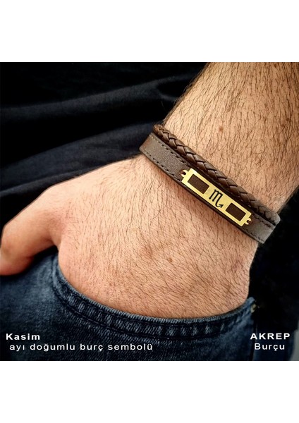 Erkeklere 14 Ayar Altın Plakalı Dikdörtgen Motifli Derili Doğum Ay Bilekliği-379AY-KAHVERENGI fiyatları