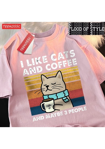 Tarzsokak Kediler ve Kahve Severim Erkek Kadın T-Shirt Pamuklu Tişört Elbise Hip Hop Bol Tişört Moda Bi