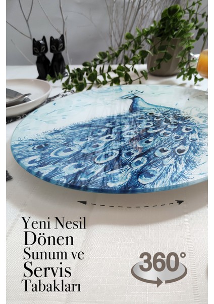Tavuskuşu Desenli, Döner Standlı Servis Ve Sunum Tabağı, Peynir Tabağı, Lazy Susan