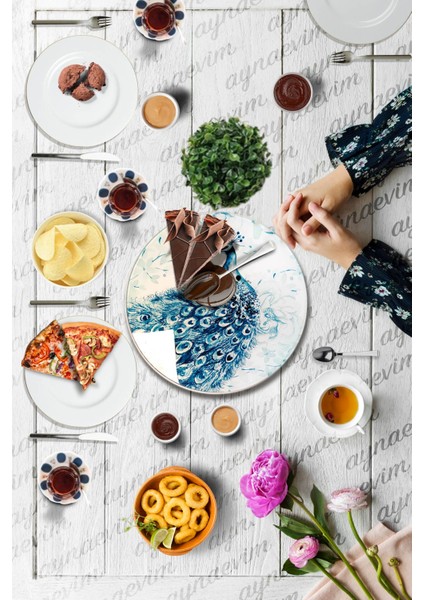 Tavuskuşu Desenli, Döner Standlı Servis Ve Sunum Tabağı, Peynir Tabağı, Lazy Susan