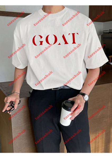 Minimal Goat Baskılı Oversize Yıkamalı Tshirt Beyaz
