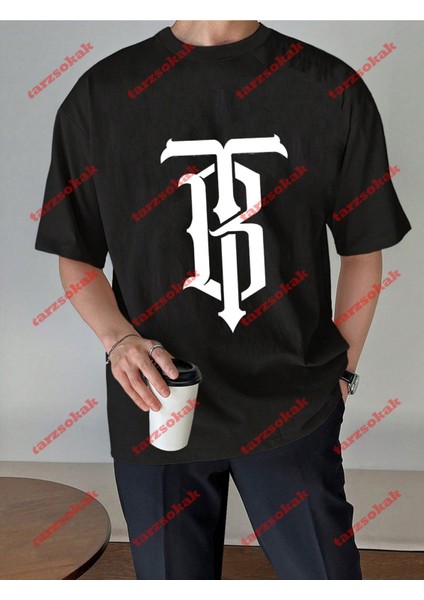 Minimal Lisanslı Logo 5 Baskılı Oversize Yıkamalı Tshirt Siyah