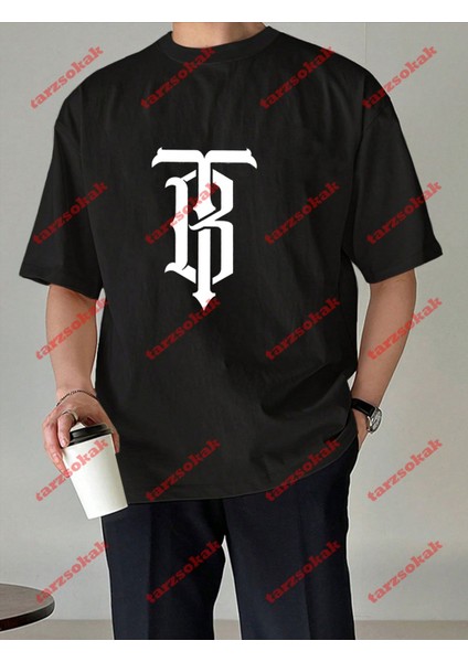 Minimal Lisanslı Logo 5 Baskılı Oversize Yıkamalı Tshirt Siyah modelleri