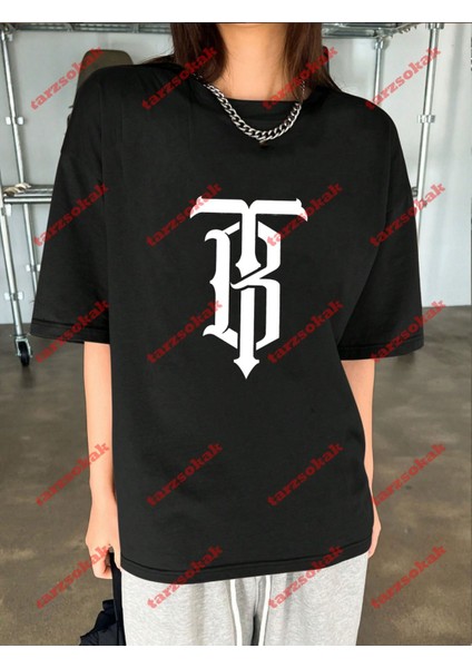 Minimal Lisanslı Logo 5 Baskılı Oversize Yıkamalı Tshirt Siyah indirimleri