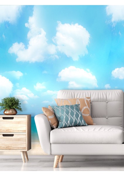 Deniz ve Bulutlar Desenli Isı ve Ses Yalıtımlı Sağlıklı Tekstil Duvar Kağıdı