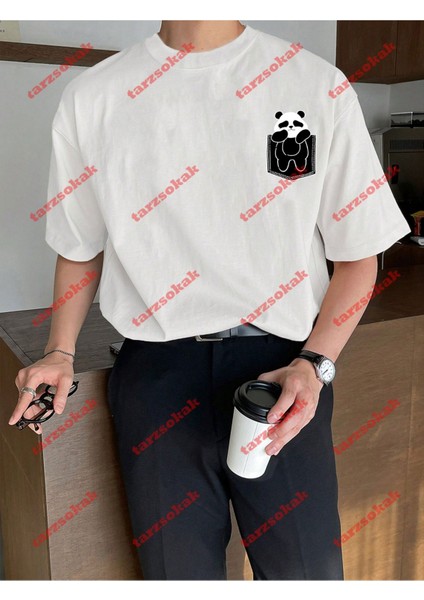 Minimal Sevimli Panda Baskılı Oversize Yıkamalı Tshirt Beyaz