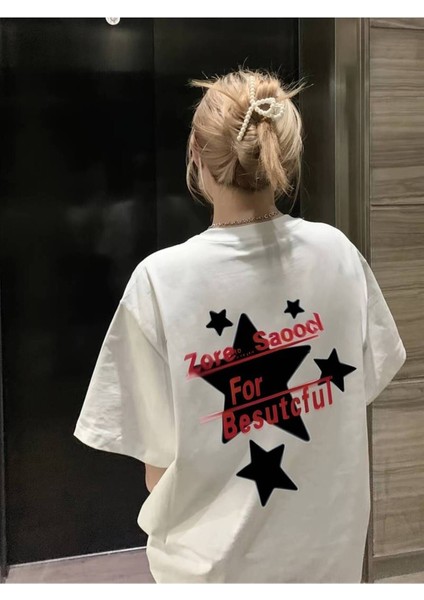 Pinterest Yıldız (Star) Baskılı Oversize Kısa Kollu