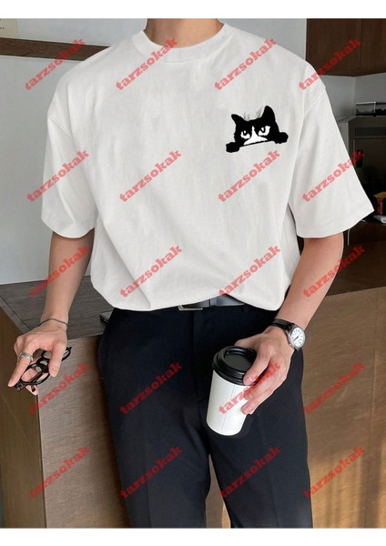 Minimal Kedi 1 12 Baskılı Oversize Yıkamalı Tshirt Beyaz