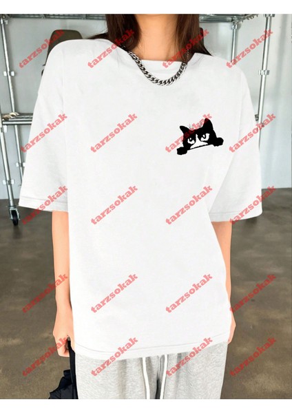Minimal Kedi 1 12 Baskılı Oversize Yıkamalı Tshirt Beyaz fırsatları