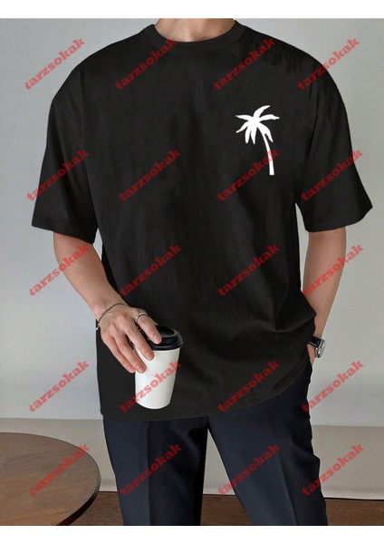 Minimal Palmiye 11111 Baskılı Oversize Yıkamalı Tshirt Siyah