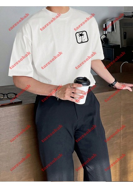 Minimal Palmiye 22 Baskılı Oversize Yıkamalı Tshirt Beyaz indirimleri