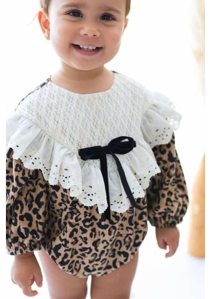 Kahverengi Fisto Yakalı Leopar Desenli Kız Bebek Romper - Lenora