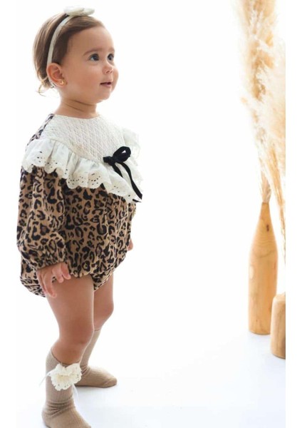 Kahverengi Fisto Yakalı Leopar Desenli Kız Bebek Romper - Lenora